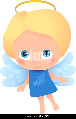 Ange aux cheveux blonds dans une robe bleue avec des coeurs à l'avant, ailes bleues. Personnage, convient pour l'impression et la conception de cartes web, bannières… Illustration de Vecteur
