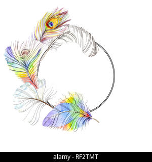 De plumes d'oiseaux colorés isolé de l'aile. Plume d'aquarelle pour cadre ou une bordure. Contexte aquarelle illustration set. Un mode de dessin aquarelle Banque D'Images
