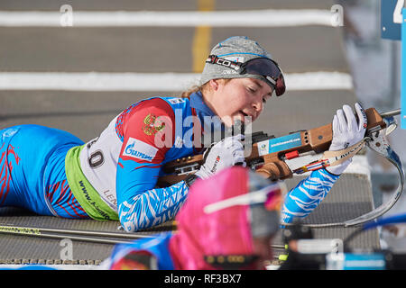 Le Lenzerheide, Suisse, le 24 janvier 2019. Tamara Voronina au cours de l'IBU Cup de Biathlon 2019 Femmes 7,5 km sprint à Lenzerheide. Banque D'Images