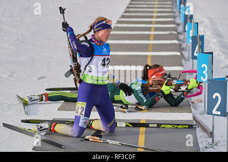 Le Lenzerheide, Suisse, le 24 janvier 2019. Nadiia Bielkina au cours de l'IBU Cup de Biathlon 2019 Femmes 7,5 km sprint à Lenzerheide. Banque D'Images