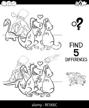 Illustration Cartoon noir et blanc de trouver cinq différences entre les photos, jeu éducatif pour enfants avec les dinosaures dans l'amour un livre à colorier Illustration de Vecteur