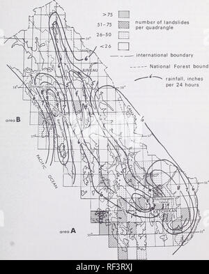 . Du mouvement de masse dans les régions côtières de l'Alaska. Mouvements de masse de l'Alaska. avec les concentrations principales de Revillagigedo et Prince de Galles (fig. 4, zone A). Un deuxième domaine se produit au sud du 58e parallèle, centré autour de Peril Strait sur îles Chichagof et Baranof (fig. 4, Zone B). Les deux zones coïncident approximativement avec les zones de précipitations maximum dans le sud-est de l'Alaska (Miller, 1963). Légende nombre d'éboulements par quadrangle Forêt nationale de la frontière internationale, précipitations limite pouces par 24 heures. Figure 4.-rapport de glissement de la distribution à 5 ans, 24 heures en présence de précipitations southea Banque D'Images