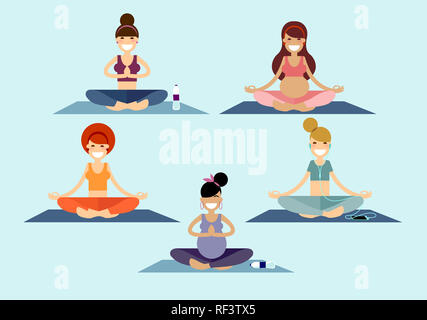 Un groupe de filles et jeunes femmes yoga médite assis sur un tapis de pilates dans un Sukhasana pose facile Banque D'Images