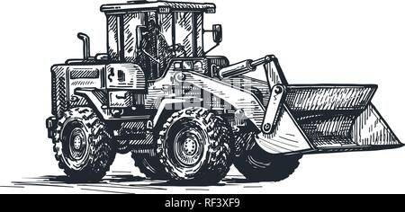 Bulldozer, nivelage, croquis du tracteur. Travaux d'excavation, de la construction lourde, véhicule. Hand drawn vector illustration Illustration de Vecteur