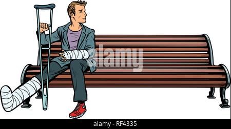 Homme jambe cassée banc de parc Illustration de Vecteur