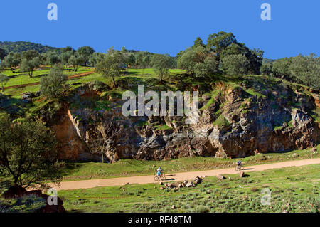 Le Parc Naturel de la Sierra Norte - Les cyclistes dans la Sierra Greenway. San Nicolas del Puerto. Province de Séville. Région de l'Andalousie. L'Espagne. L'Europe Banque D'Images