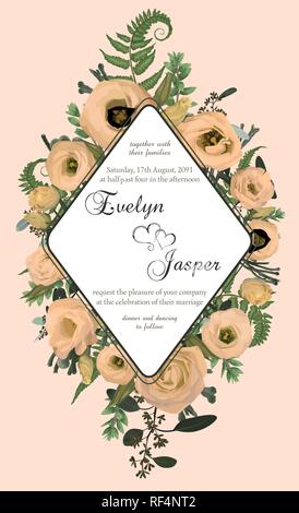 Invitation de mariage floral vertical, inviter carte. Vector set aquarelle forêt Vert fougère, herbes, brunia, eucalyptus, des branches de buis, buxus et rose ... Illustration de Vecteur