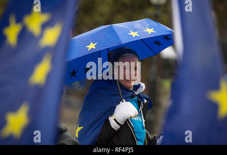 Un Brexit protestataire abrite de la pluie sous un parapluie drapeau de l'Union européenne, à l'extérieur de la Chambre du Parlement, à Westminster, Londres. Banque D'Images