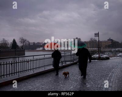 Un couple ou deux personnes marcher leur chien sur un jour de neige et des pluies avec parasols le long de la rivière Oder ou d'Odra Banque D'Images