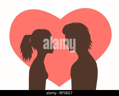 Silhouettes girl et guy sur fond de cœur rouge. Illustration de Vecteur