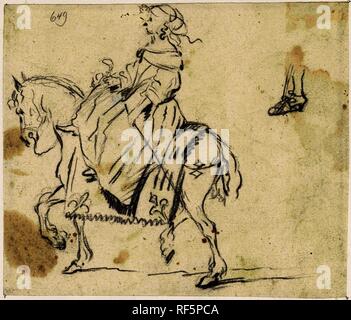 Femme à cheval, vu de côté, avec un croquis d'une jambe et pied. Rapporteur pour avis : Gesina Ter Borch. Rapporteur pour avis intermédiaire : Gerard Ter Borch (II). Dating : ch. 1656 - avant 1660. Lieu : Zwolle. Dimensions : H 138 mm × W 162 mm. Musée : Rijksmuseum, Amsterdam. Banque D'Images
