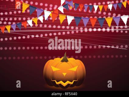 Fond rouge avec drapeaux de parti et Jack-O-lanterne citrouille. Vector design Halloween Illustration de Vecteur