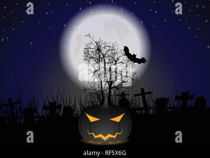Dark Halloween citrouille monstre sur le cimetière de nuit. Pleine lune fond vecteur lumière Illustration de Vecteur
