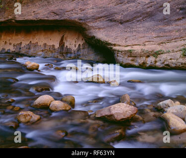 USA, Utah, Zion National Park, North Fork de Virgin River coule autour des rochers et sous les murs de grès dans les passes. Banque D'Images