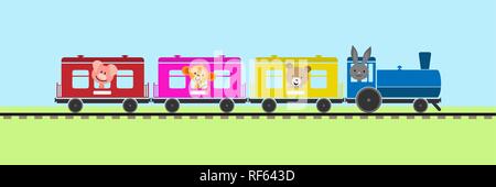 Les enfants de couleur simple avec des voitures de train et locomotive à vapeur transportant des animaux Illustration de Vecteur