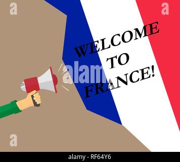 La main avec mégaphone et l'inscription Bienvenue à la France sur l'arrière-plan du drapeau Illustration de Vecteur