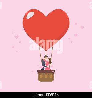 Couple d'amoureux s'embrassent sur big heart balloon. Vector illustration Illustration de Vecteur