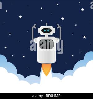 Robot Mignon lance dans l'espace avec la fumée et stars vector illustration EPS10 Illustration de Vecteur