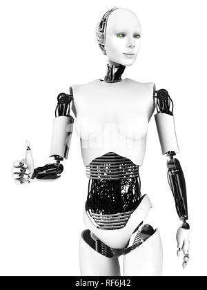 Femme robot fait un Thumbs up. Un robot femme faisant un coup de pouce avec sa main. Arrière-plan blanc. Banque D'Images