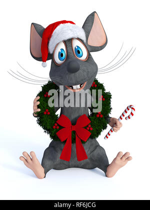 A cute smiling cartoon souris assise sur le sol avec une couronne de Noël autour de son cou, wearing a Santa hat holding et une canne dans sa main. W Banque D'Images