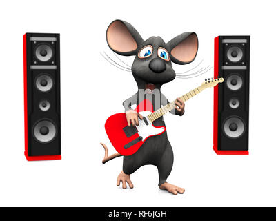 A cute smiling cartoon souris chantant et jouant sur une guitare électrique. Il y a deux grands haut-parleurs rouge dans le dos. Arrière-plan blanc. Banque D'Images