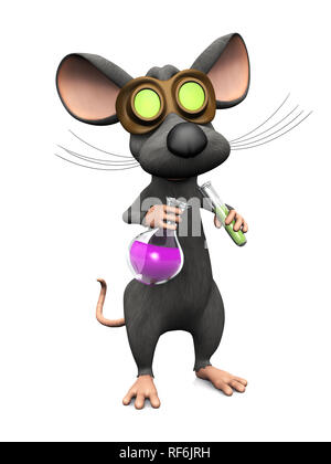 Un mignon mad cartoon souris portant des lunettes et de faire une expérience scientifique. Il est versé le liquide d'un tube à essai dans un bécher. Arrière-plan blanc. Banque D'Images