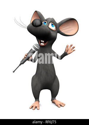 A cute smiling cartoon souris tenant un micro dans sa main et le chant. Arrière-plan blanc. Banque D'Images