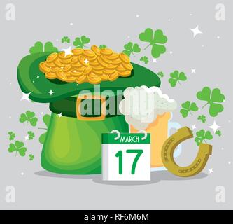 St Patrick chapeau avec des pièces en or et en fer à cheval Illustration de Vecteur