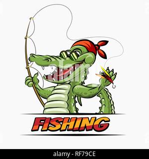 Club de pêche ou shop emblème. Crocodile Le pêcheur avec tige. Vector illustration. Illustration de Vecteur