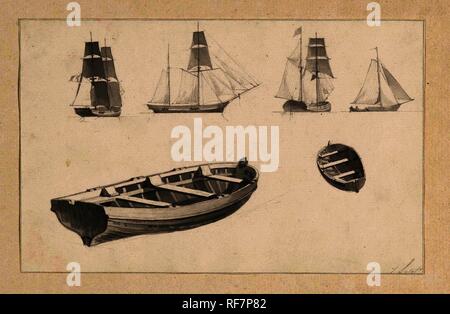 Feuille de croquis avec voiliers et bateaux d'aviron. Rapporteur pour avis : Hendrik Abraham Klinkhamer. Dating : 1820 - 1872. Dimensions : H 120 mm × W 190 mm. Musée : Rijksmuseum, Amsterdam. Banque D'Images