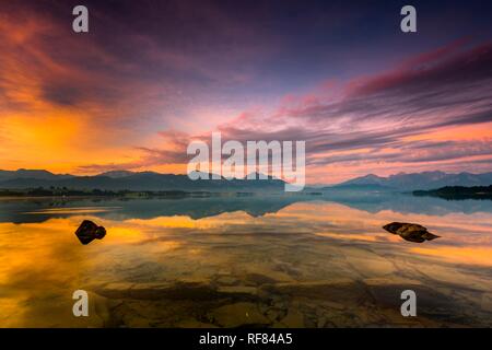 Avec le reflet de Forggensee ciel nuageux et l'Allgäuer montagnes en arrière-plan au lever du soleil, Füssen, Allgäu, Bavière Banque D'Images