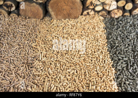Différents types de granulés de bois et tas de bois derrière Banque D'Images