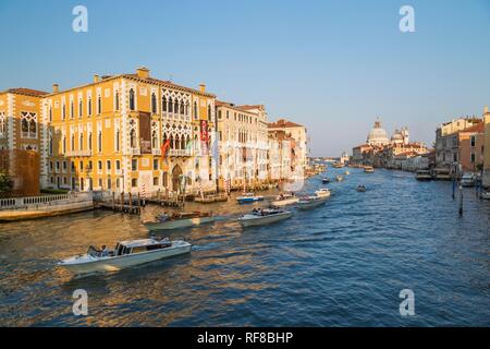 Les taxis de l'eau et sur les vaporettos Grand Canal avec un style architectural Renaissance bâtiments du palais de San Marco et Santa Maria Banque D'Images