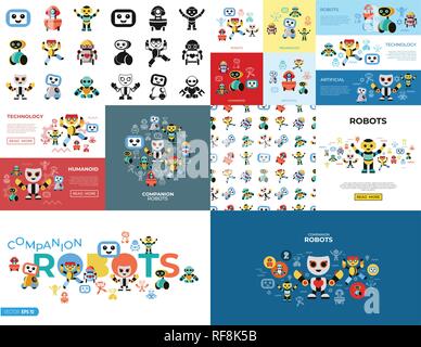 Vecteur numérique robots de compagnie icons set avec dessiné une ligne simple info artistique graphique, style plat Illustration de Vecteur