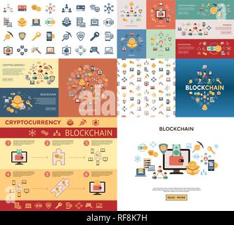 Ligne vectorielle numérique blockchain icons set pack illustration avec des éléments pour cryptocurrency Illustration de Vecteur