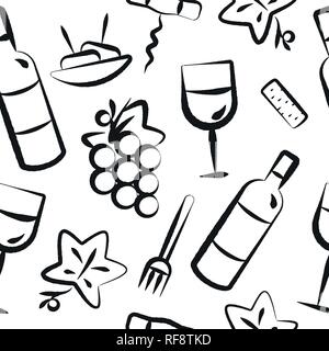 Background seamless pattern avec vin et apéritif icônes alimentaire. Des icônes avec les coups de pinceau. Couleur noir. Vector illustration. Illustration de Vecteur