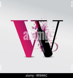 Concept avec lettre W et l'illustration de bouteille de vin. contexte les taches et gouttes de vin. Idée pour la promotion de l'entreprise viticole. Vector illustration Illustration de Vecteur