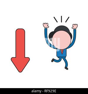Caractère d'affaires d'illustration vectorielle courir loin de flèche en descente. Couleur et contours noirs. Illustration de Vecteur