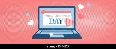 Vector illustration Ordinateur portable avec Happy Valentine's Day Card sur le corail en vagues, arrière-plan géométrique. Flyer ou modèle d'invitation, couverture du site. Illustration de Vecteur