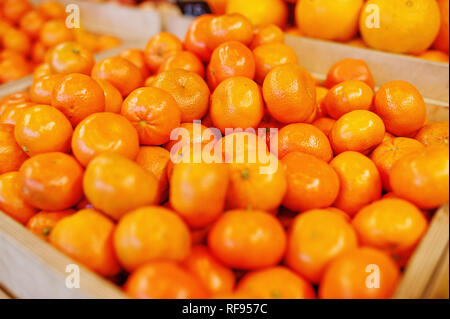 Brillant coloré de fruits frais. Mandarines, mandarine, clémentine sur l'étagère d'un supermarché ou une épicerie. Banque D'Images