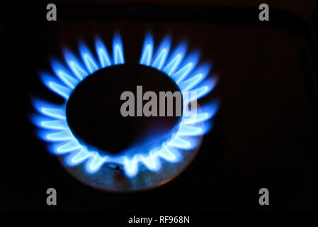 Cuisinière à gaz flamme. La flamme bleue d'une plaque de cuisson à gaz allumée sur un fond noir. La flamme de gaz naturel bleu à partir d'un appareil de cuisson Banque D'Images