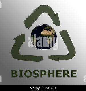 Script de la biosphère , sous un symbole de recyclage 3D autour de modèle 3D du monde montrant la terre vue de l'espace. Éléments de cette image fournie par la NASA. Banque D'Images