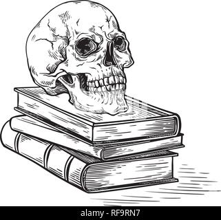 Croquis faits main concept mort crâne humain sur de vieux livres sur fond sombre vector illustration Illustration de Vecteur