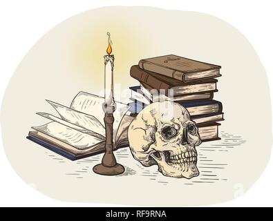 Colorull au concept de mort croquis crâne humain sur de vieux livres près de bougie sur fond sombre vector illustration Illustration de Vecteur