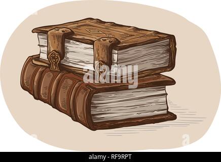 Pile de croquis dessinés à la main, deux livres plus anciens isolé sur fond blanc vector illustration. Illustration de Vecteur