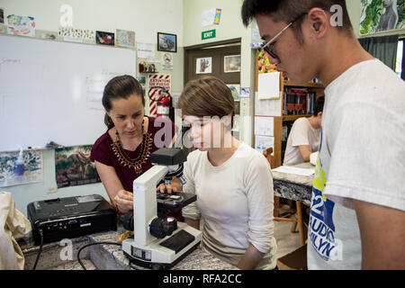 Une photo d'une enseignante et une femelle deux étudiants internationaux sur l'utilisation d'un microscope. Enquête sur un échantillon biologique dans une classe de biologie. Banque D'Images