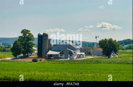 Amish Farm Paysage avec des silos à un jour d'été ensoleillé Banque D'Images