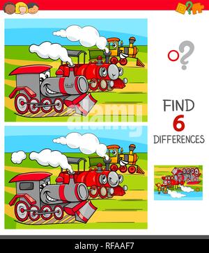 Cartoon Illustration de trouver six différences entre les photos, jeu éducatif pour enfants avec drôle de locomotives Illustration de Vecteur