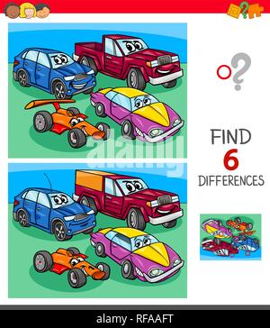 Cartoon Illustration de trouver six différences entre les photos, jeu éducatif pour enfants avec Funny Cars Illustration de Vecteur