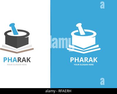 Pharmacie et vecteur logo livre ouvert combinaison. Librairie Livres et d'un symbole ou d'icône. Mortier et pilon unique modèle de conception de logo. Illustration de Vecteur